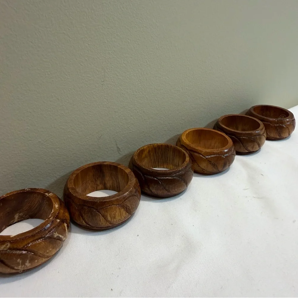 6 Teak Wood Round Napkin Rings MCM Hand‎ Carved in Philippines
